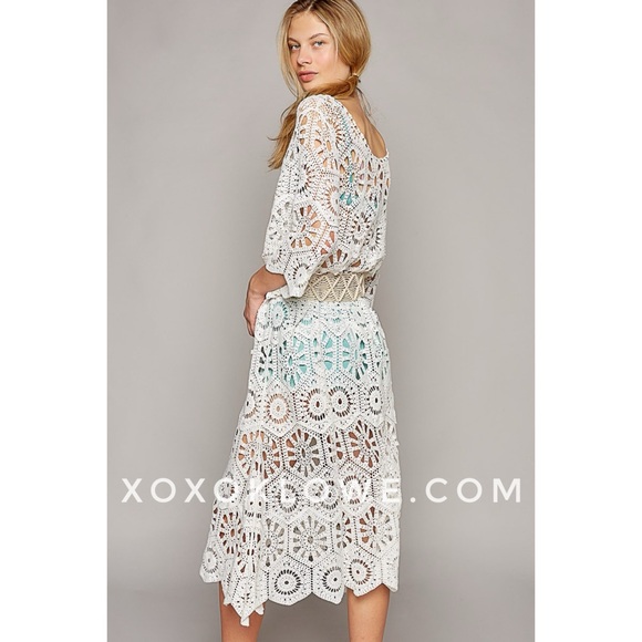 POL Off White Cotton Crochet Half Sleeve Relaxed Fit A Line Dress - Picture 6 of 11